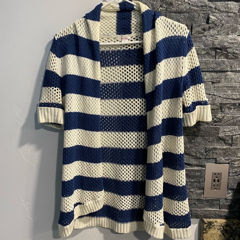Blue and Cream striped 1/4 sleeve cardigan